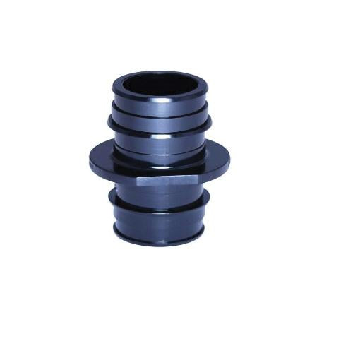 Blue plastic PEX coupling with dual 3/4 inch barbed connection ends and center collar ring.