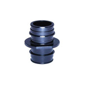 Dark blue plastic PEX coupling with two barbed connection ends and a central collar.