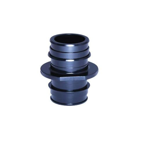 Dark blue plastic PEX coupling with two barbed connection ends and a central collar.