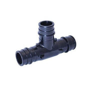 Black plastic PEX tee fitting with three 1/2 inch barbed connectors arranged in T-configuration.