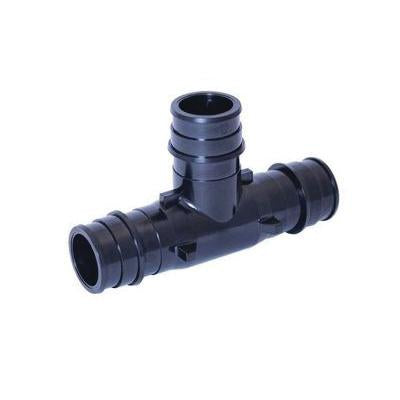 Black plastic PEX tee fitting with three 1/2 inch barbed connectors arranged in T-configuration.