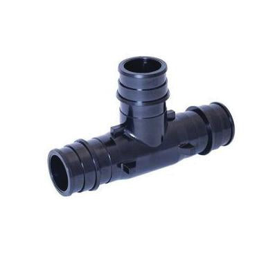Black plastic PEX tee connector with three 3/4 inch ports arranged in a T-shape.