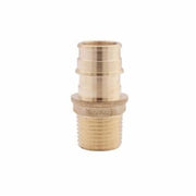 Brass adapter with ridged PEX connection on top and threaded male port connection on bottom.