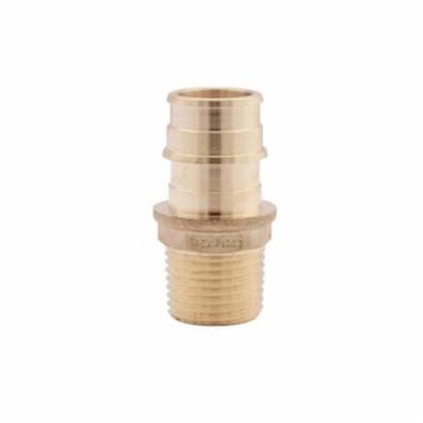 Brass adapter with ridged PEX connection on top and threaded male port connection on bottom.