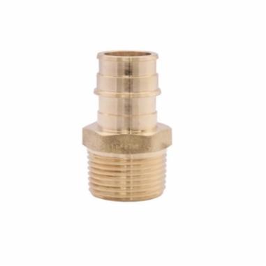 Brass adapter with ribbed PEX connection on top and threaded male port fitting on bottom.