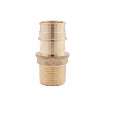 Brass adapter with ribbed PEX connection on top and threaded male port connection on bottom.