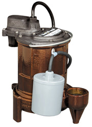 Cast iron submersible sump pump with black cord, white interior basin, and bronze exterior housing with feet.