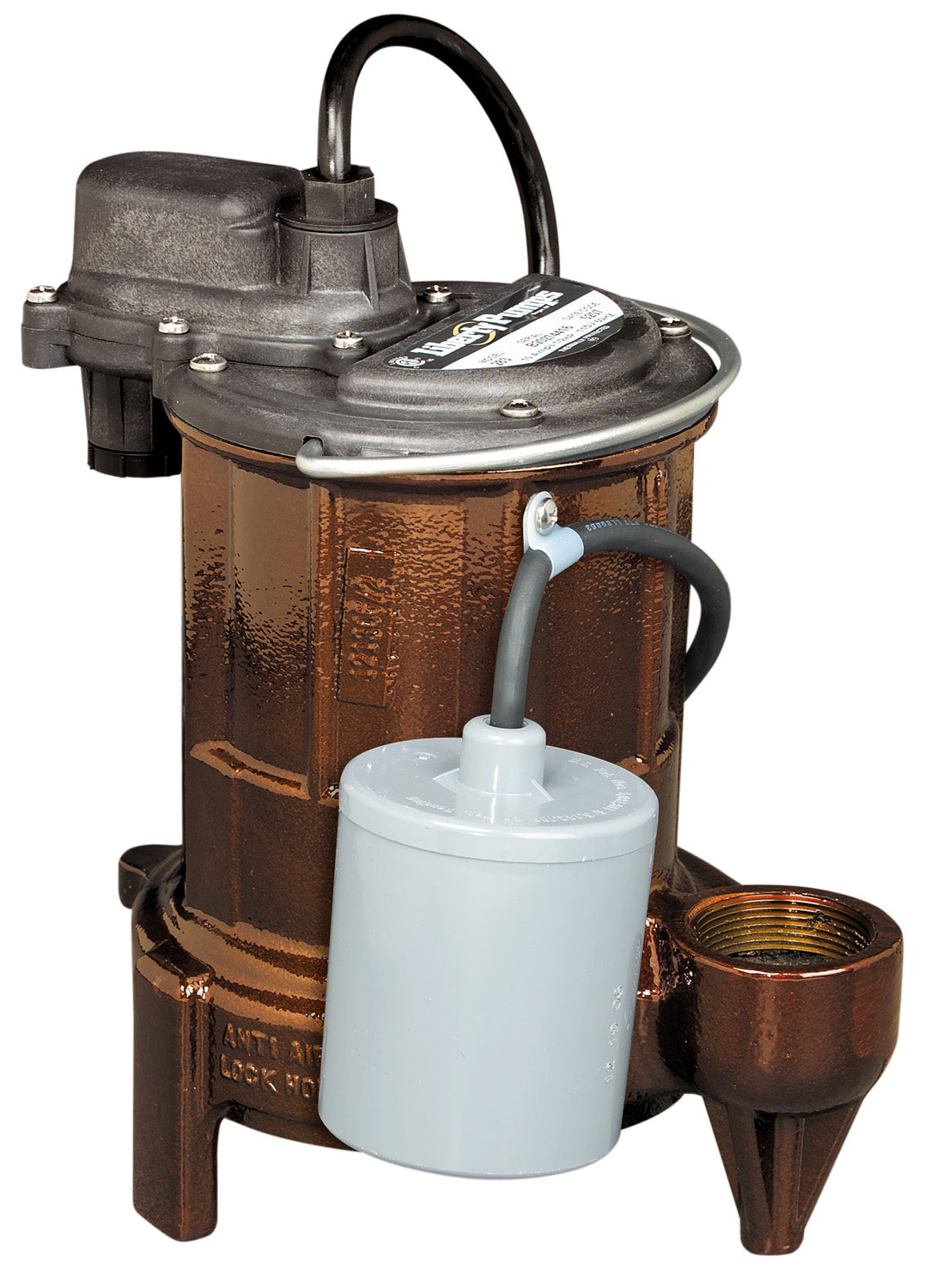 Cast iron submersible sump pump with white interior basin, black power cord, and three feet for floor mounting.