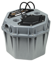 Gray cylindrical drain pump with black top panel, two coiled black cords, and threaded discharge ports on sides.