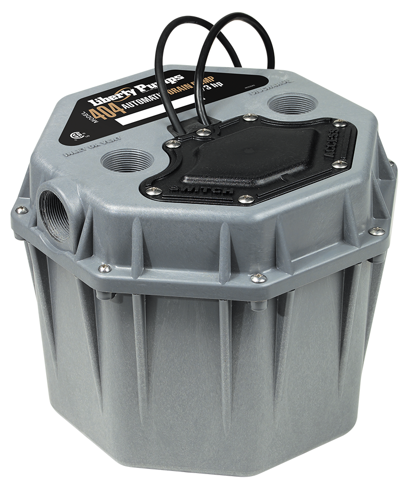 Gray cylindrical drain pump with black top panel, two coiled black cords, and threaded discharge ports on sides.