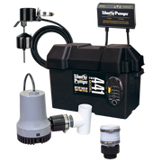 Liberty Pumps battery back-up sump pump system with black plastic basin, gray submersible pump, black hose, control unit, and