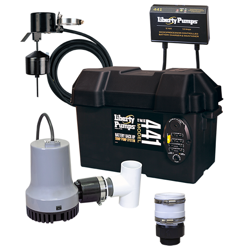 Liberty Pumps battery back-up sump pump system with black plastic basin, gray submersible pump, black hose, control unit, and