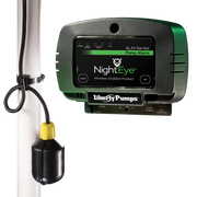 Liberty Pumps NightEye pump alarm with green and black housing, display screen, and black float switch with yellow cap attach