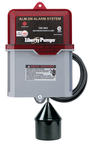 Red and gray Liberty Pumps ALM-2W alarm system with 120 VAC control panel, black float sensor, and attached power cord.