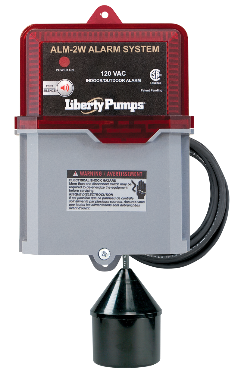 Red and gray Liberty Pumps ALM-2W alarm system with 120 VAC control panel, black float sensor, and attached power cord.