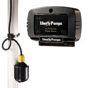Liberty Pumps ALM-Series pump alarm with dark gray control unit, power and test buttons, mounted float sensor with yellow top
