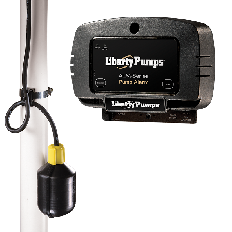 Liberty Pumps ALM-Series pump alarm with dark gray control unit, power and test buttons, mounted float sensor with yellow top