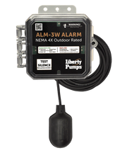 Liberty Pumps ALM-3W outdoor alarm unit with NEMA 4X rated enclosure, black cord, and float sensor attached.