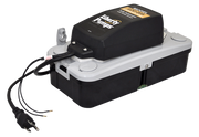 Liberty Pumps condensate pump with black motor housing on white and black plastic base, power cord attached.