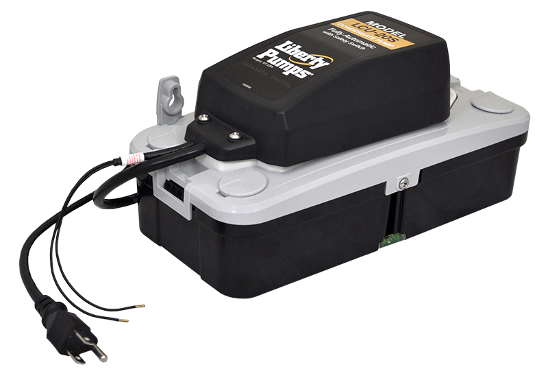 Liberty Pumps condensate pump with black motor housing on white and black plastic base, power cord attached.