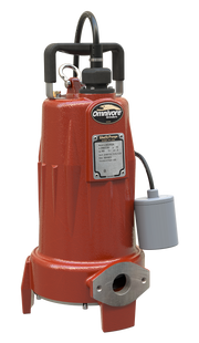 Red cast iron sewage grinder pump with black handle, control panel, and gray float switch attached to cord.