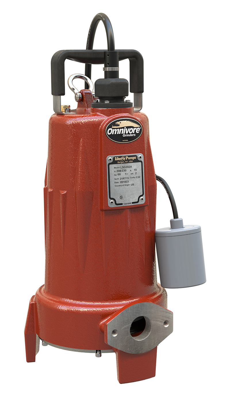 Red cast iron sewage grinder pump with black handle, control panel, and gray float switch attached to cord.