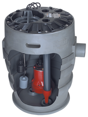Gray cylindrical sewage pump system with red pump inside, float switch, and black control lid on top.