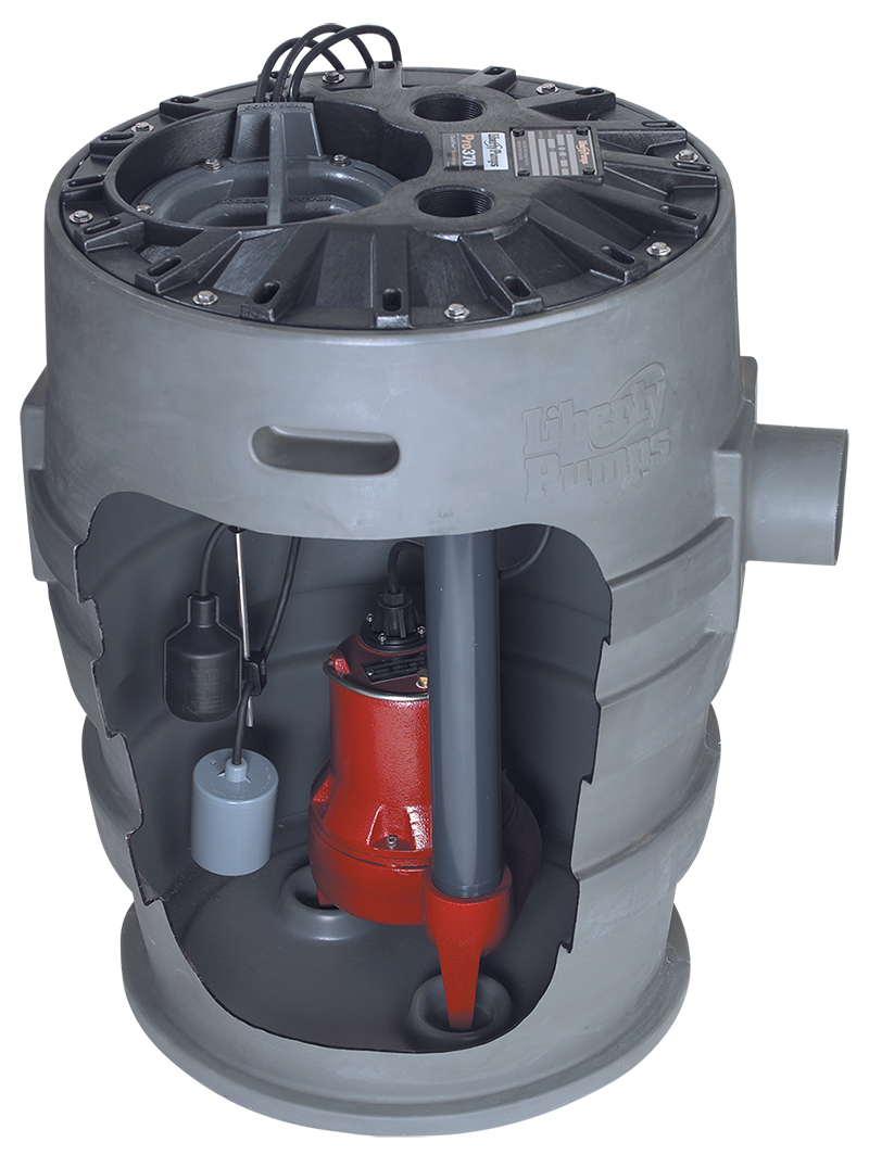 Gray cylindrical sewage pump system with red pump inside, float switch, and black control lid on top.