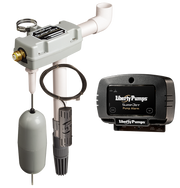 Water-powered backup sump pump with white housing, outlet pipe, float switch, discharge line, and digital alarm control unit.