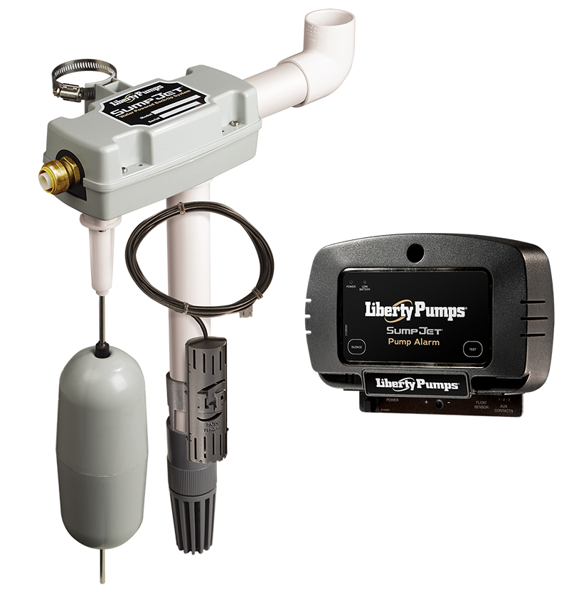 Water-powered backup sump pump with white housing, outlet pipe, float switch, discharge line, and digital alarm control unit.