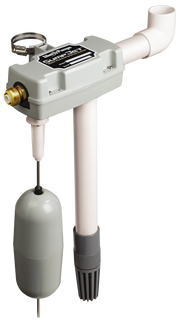 White water-powered sump pump with gray housing, brass inlet, white discharge pipe, hose clamp, and float switch with gray bl