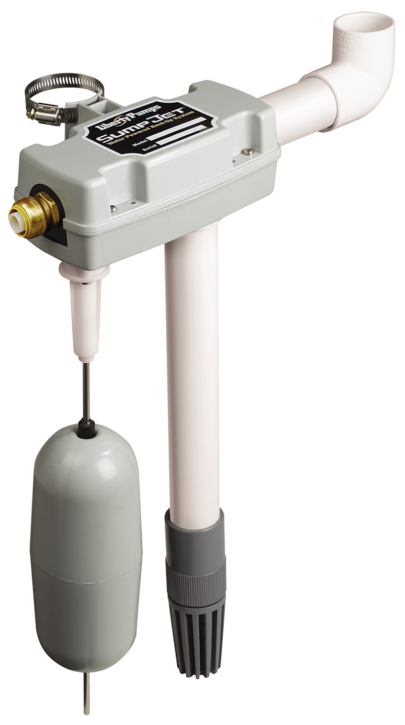 White water-powered sump pump with gray housing, brass inlet, white discharge pipe, hose clamp, and float switch with gray bl