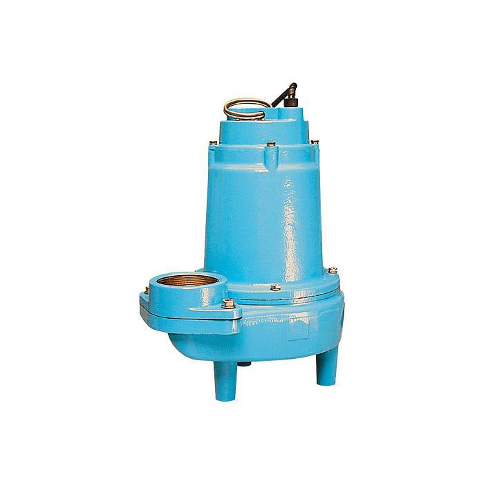 Blue vertical sewage pump with outlet port, discharge connection at top, and four support legs.