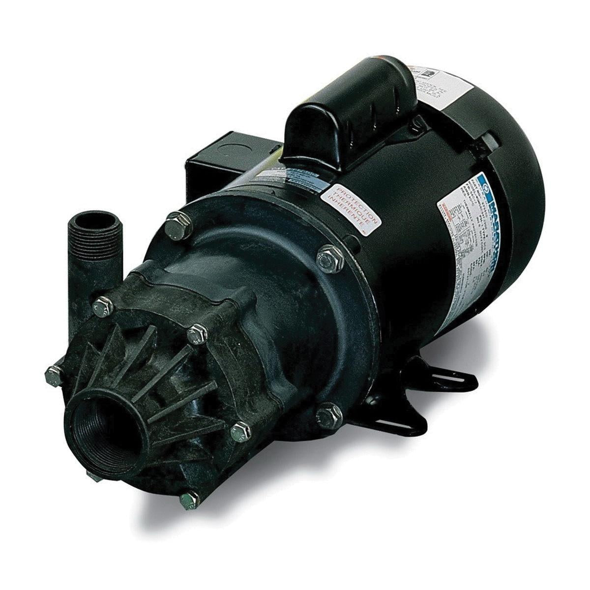 Black magnetic drive pump with motor mounted on top, threaded inlet on left side, and outlet port on front housing.
