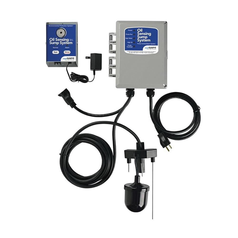 Little Giant OS3 oil sensing sump pump system with blue control panel, gray housing unit, black power cords, and float switch