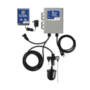 Little Giant OS3 oil sensing sump pump system with blue control panel, gray housing unit, black power cords, and float switch