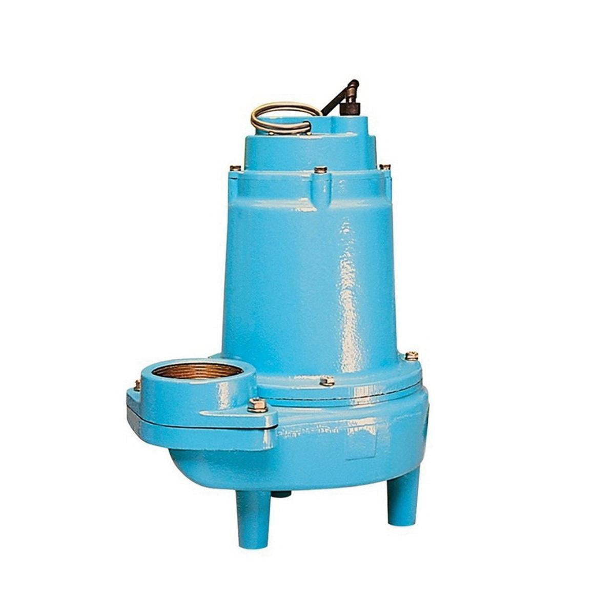 Blue submersible sewage pump with discharge outlet, float switch, and power cord attached to base.