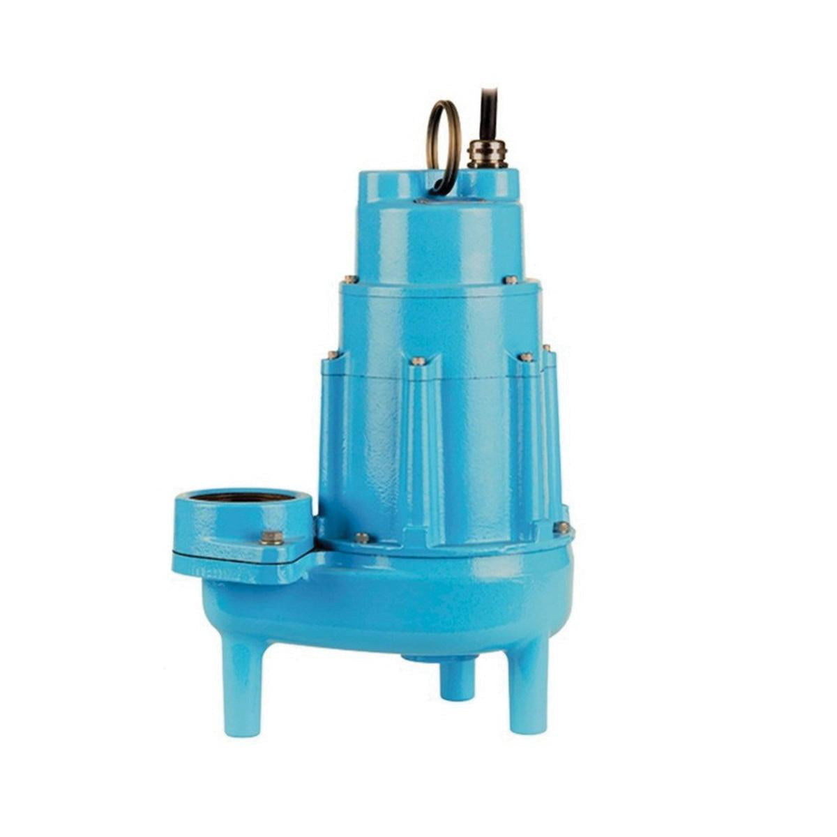 Blue cast iron submersible sewage pump with motor housing, discharge port, and power cord.