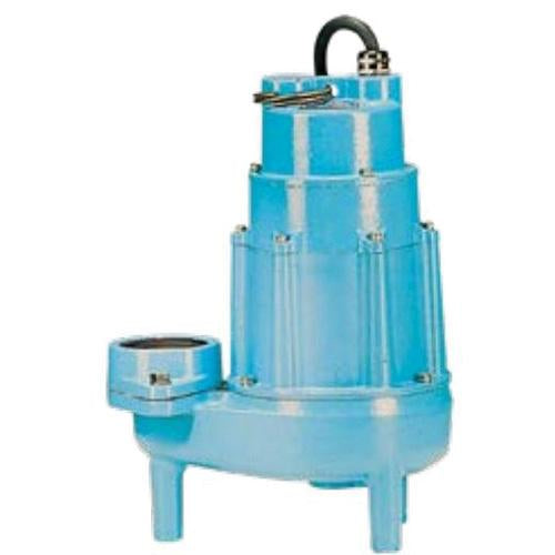 Blue cylindrical sewage pump with discharge hose, float switch, and mounting feet.