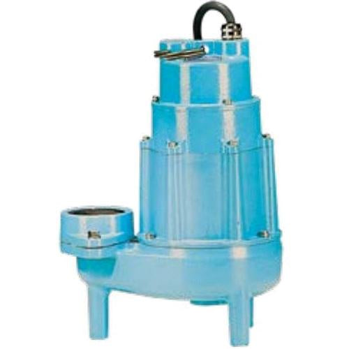 Blue cylindrical sewage pump with black handle on top, discharge outlet, and four legs for ground mounting.