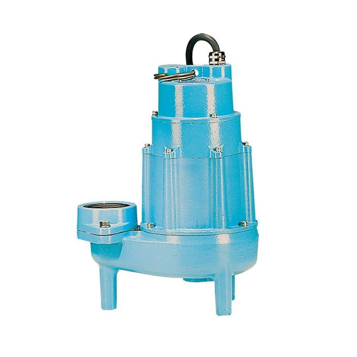 Turquoise submersible sewage pump with black handle and outlet nozzle on side.