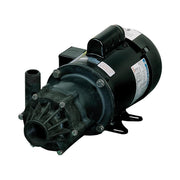 Black magnetic drive pump with electric motor mounted on top and threaded inlet and outlet ports on front.