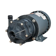 Black magnetic drive pump with gray motor housing, threaded inlet port on left side, and mounting bracket on bottom.