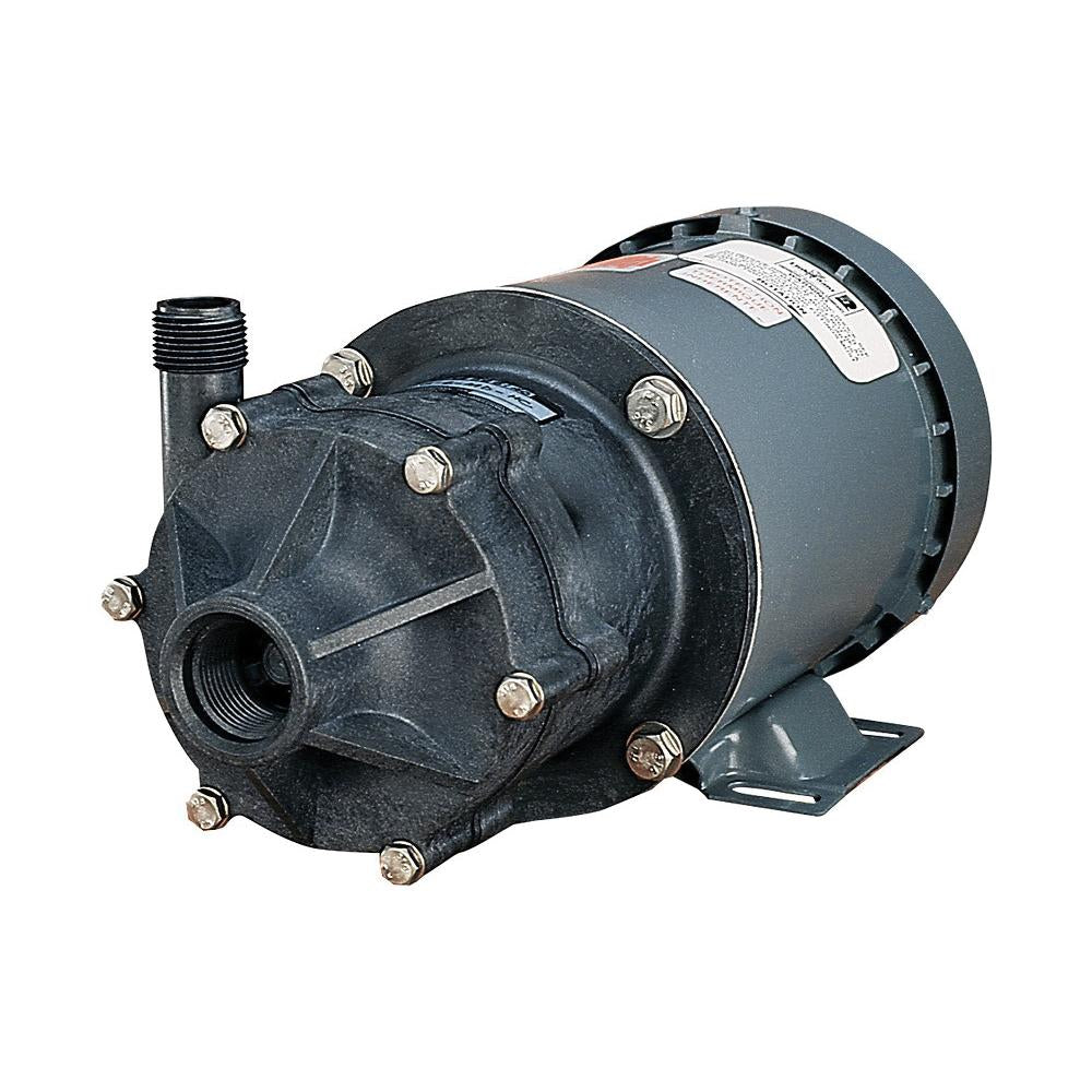 Black magnetic drive pump with gray motor housing, threaded inlet port on left side, and mounting bracket on bottom.