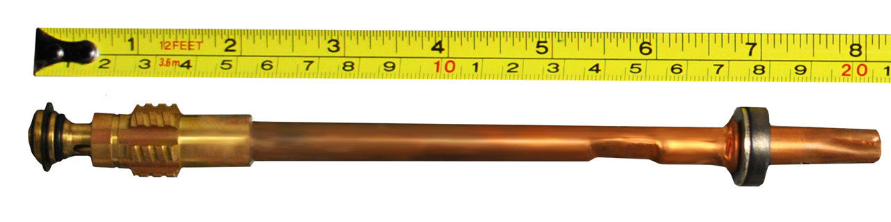 Brass stem assembly with threaded fittings at both ends, measured against ruler showing approximately 4 inches length.