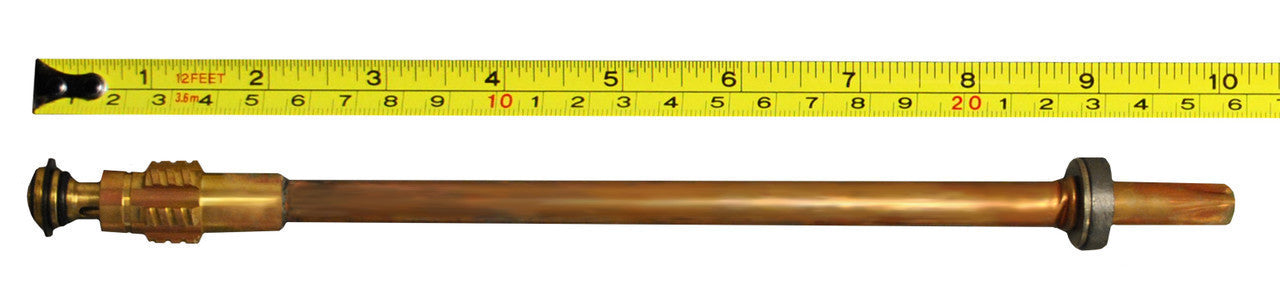 Brass stem assembly with threaded left end and plain right end, measured against ruler showing approximately 6 inches length.