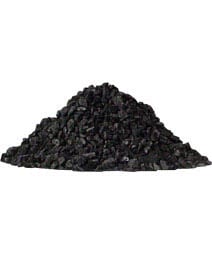 Black catalytic activated carbon granules piled in a mound against white background.