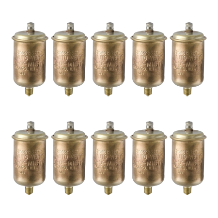 Ten brass auto-vent cylinders with metal caps and threaded bases arranged in two rows.