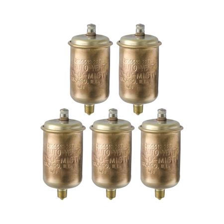 Five brass cylindrical auto-vent valves with domed tops and threaded bases arranged in two rows.