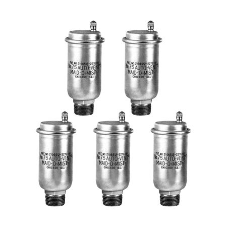 Five silver metal auto-vent cylinders with threaded bases and top valves arranged in two rows.